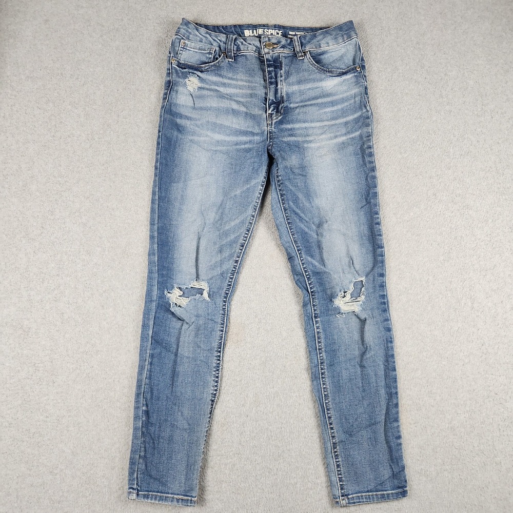 Blue Spice Ankle Skinny Jeans Women 7 Blue Denim Whiskered High Waist Distressed